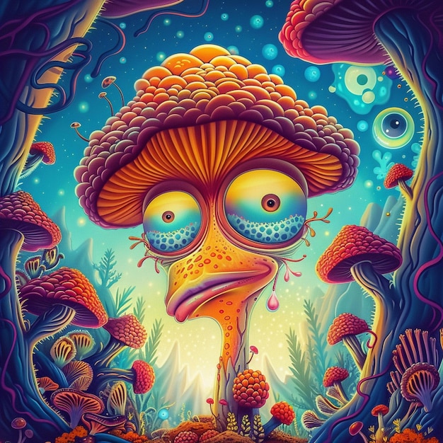 um close-up de um cogumelo de desenho animado com um rosto estranho
