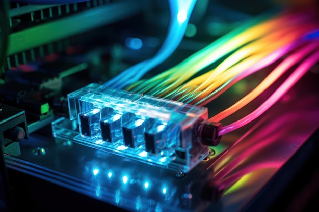 Um close-up de um computador com fios coloridos nele