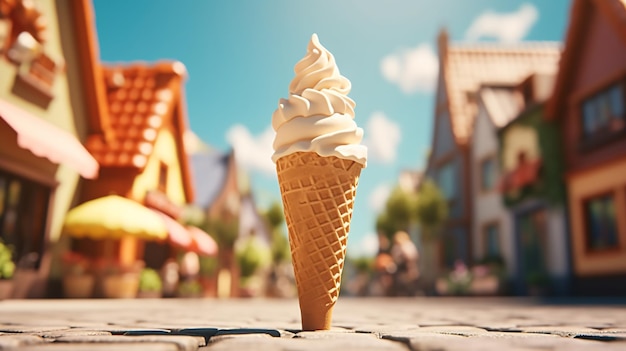 um close-up de um cone de sorvete em uma rua de paralelepípedos