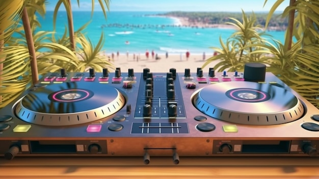 Um close-up de um controlador de DJ em uma mesa perto de uma praia generativa ai