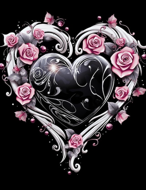 um close-up de um coração com rosas e redemoinhos em um fundo preto generativo ai