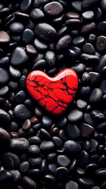 Um close-up de um coração vermelho em uma cama de pedras negras generativas ai