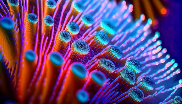 Um close-up de um coral com um desenho azul e laranja.