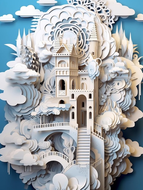 Um close-up de um corte de papel de um castelo nas nuvens generativo ai