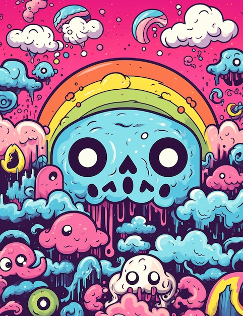 um close-up de um crânio de desenho animado cercado por nuvens e arco-íris
