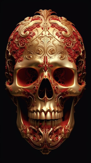 um close-up de um crânio de ouro com rosas vermelhas nele ai generativo