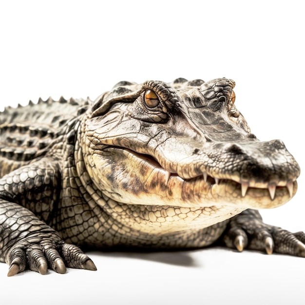 Um close-up de um crocodilo com a cabeça virada para o lado.
