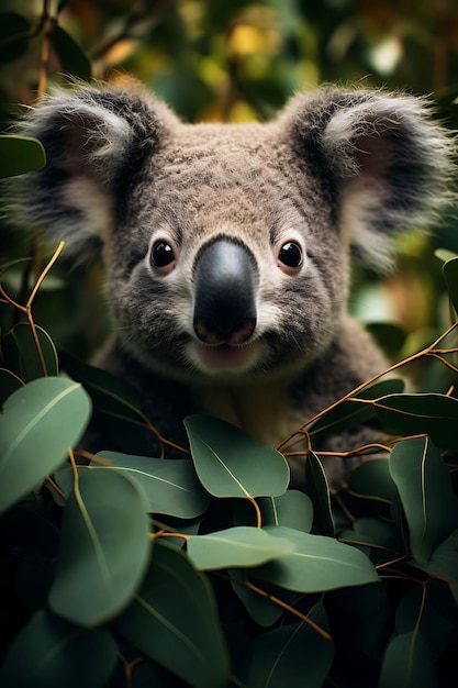 Um close-up de um curioso Koalas rosto adorável em meio a eucalipto Ilustração hiper-realista Arte fotográfica