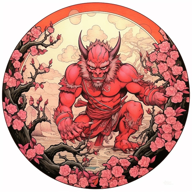 Um close-up de um demônio vermelho com um fundo vermelho generativo ai