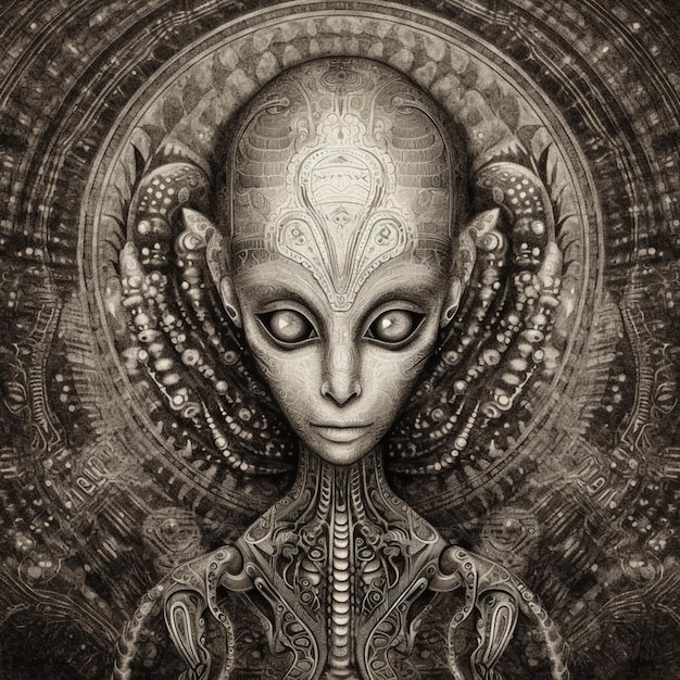 Um desenho de um alienígena com uma cabeça de alienígenas e um padrão  generativo ai