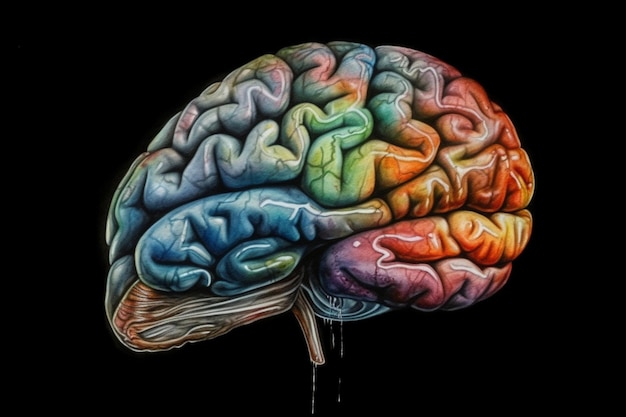 Um close-up de um desenho de um cérebro em um fundo preto generativo ai