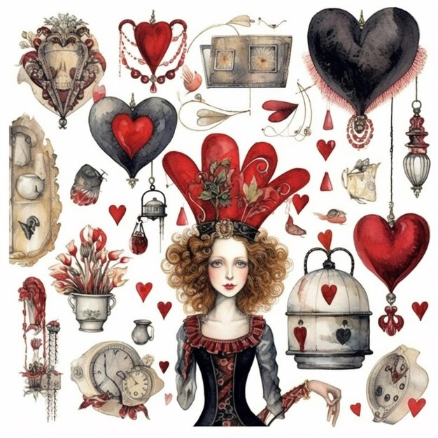 Um close-up de um desenho de uma mulher com um coração e outros itens generative ai