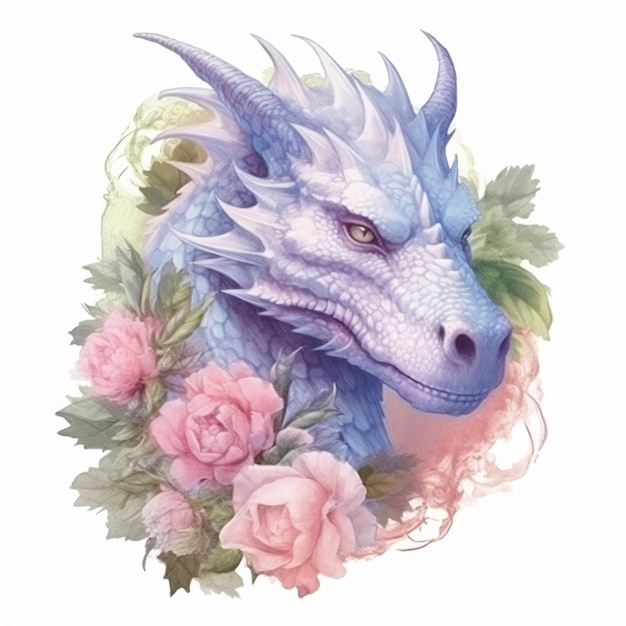 Um close-up de um dragão com flores ao seu redor generative ai