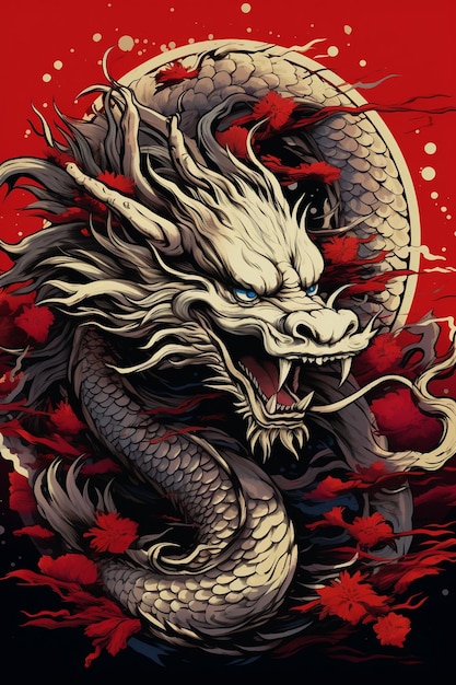 um close-up de um dragão com um fundo vermelho generativo ai