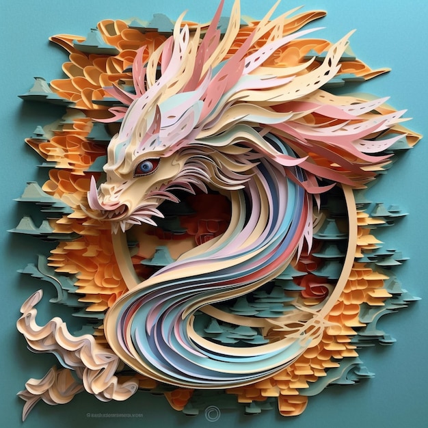 Um close-up de um dragão cortado em papel com uma cauda colorida generativa ai