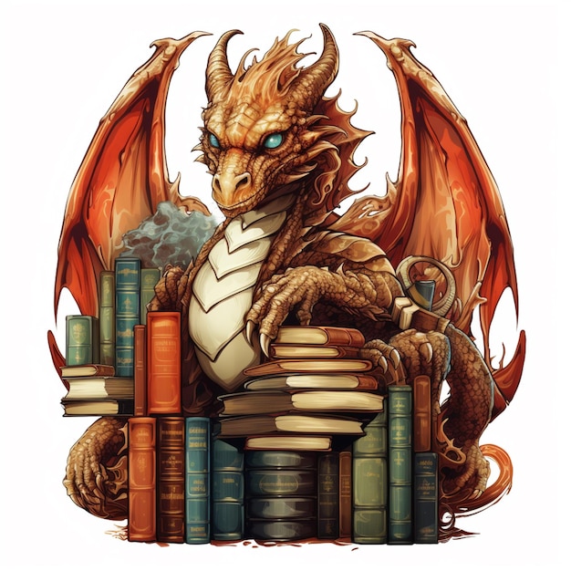 um close-up de um dragão sentado em uma pilha de livros generativo ai