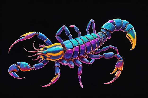 Um close-up de um escorpião colorido em um fundo preto