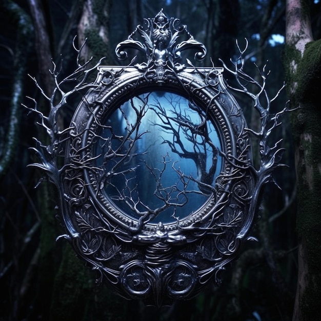 um close-up de um espelho com uma árvore no meio dele