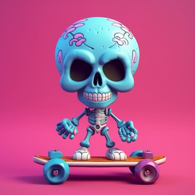 um close-up de um esqueleto de brinquedo em um skate em um fundo rosa