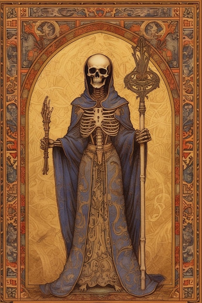 Um close-up de um esqueleto em uma túnica azul segurando uma foice generativa ai