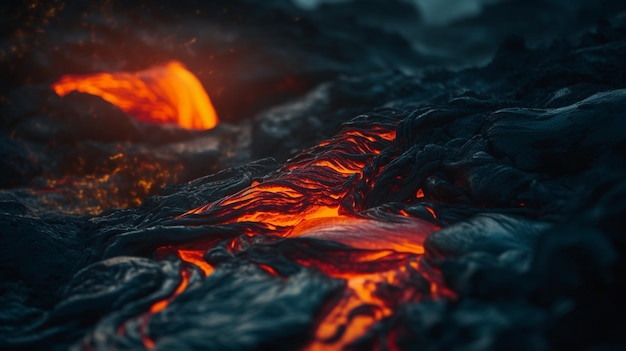 Um close-up de um fluxo de lava com a palavra lava à esquerda