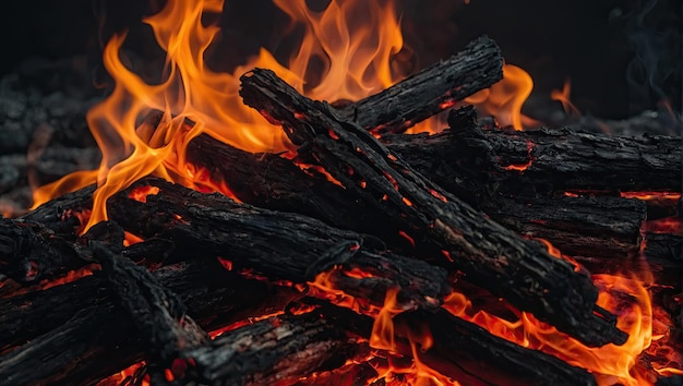 um close-up de um fogo com chamas pretas e vermelhas