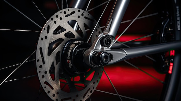 Um close-up de um freio de disco em uma bicicleta