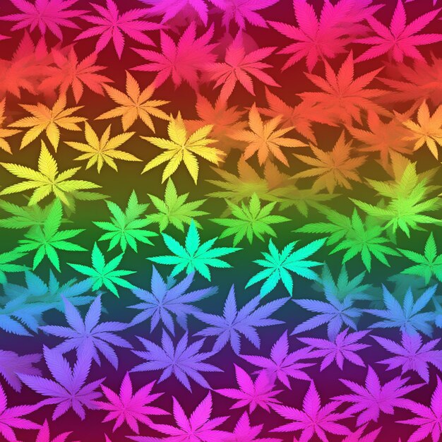 Foto um close-up de um fundo colorido arco-íris com folhas de maconha generativo ai