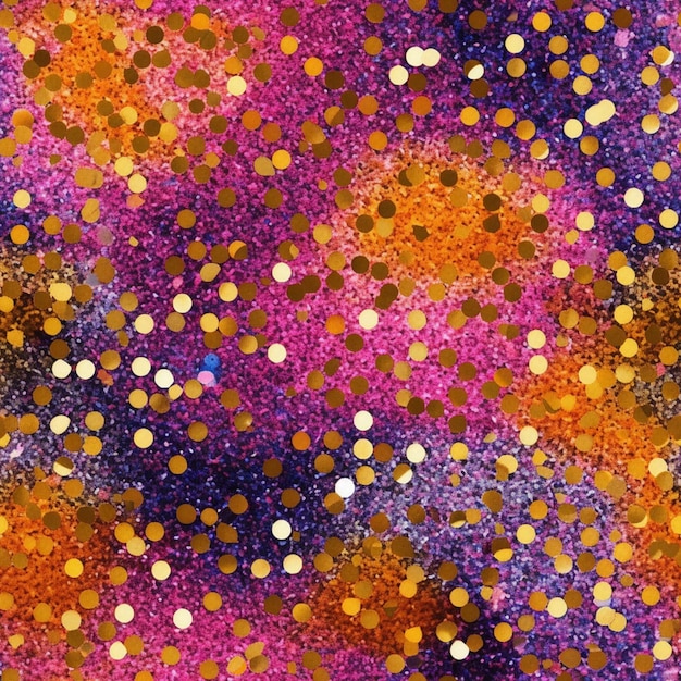 Um close-up de um fundo colorido com pontos dourados e roxos