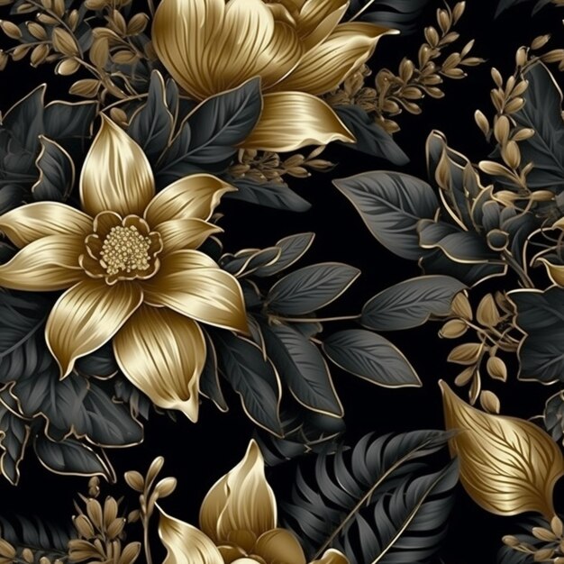 Um close-up de um fundo floral preto e dourado com folhas generativas ai