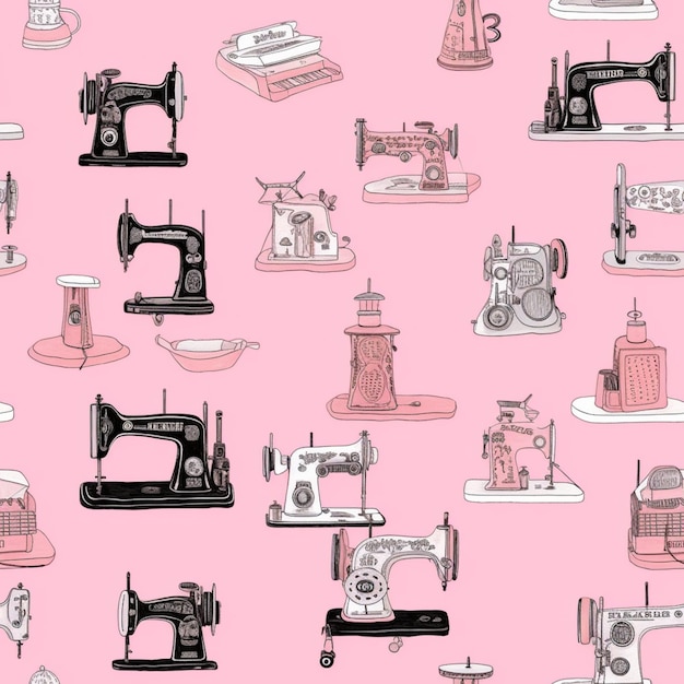 Foto um close-up de um fundo rosa com um monte de máquinas de costura generativa ai