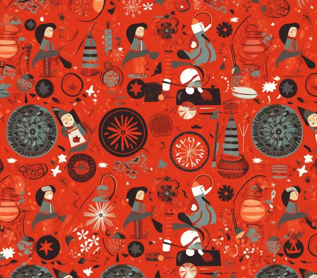 Um close-up de um fundo vermelho com um padrão de pessoas e objetos generativos ai