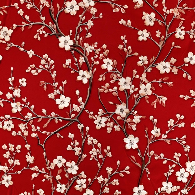 Foto um close-up de um fundo vermelho com uma árvore de flores brancas generativo ai