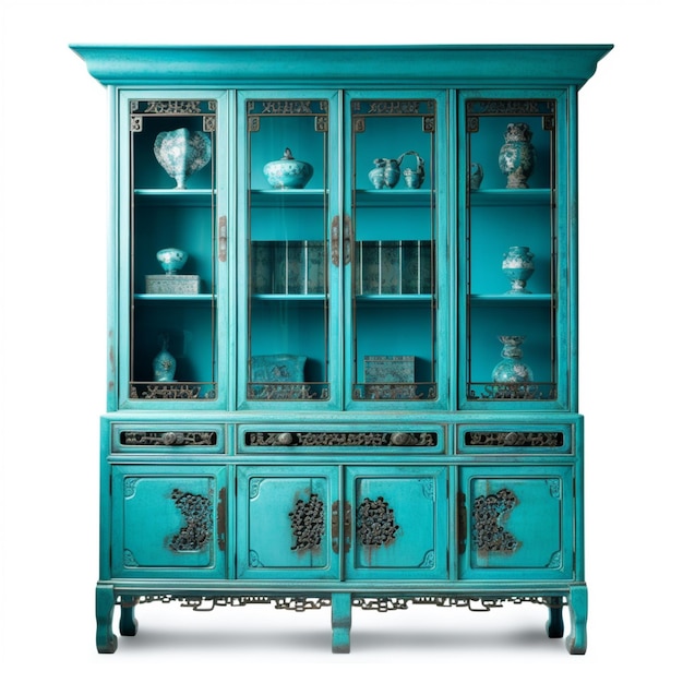 Foto um close-up de um gabinete de porcelana azul com portas de vidro generativa ai