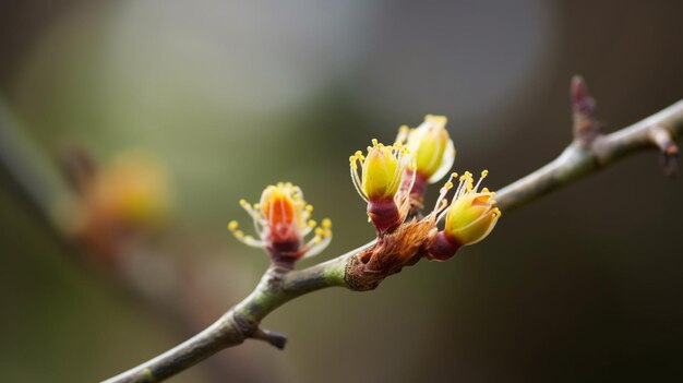 Um close-up de um galho com flores amarelas