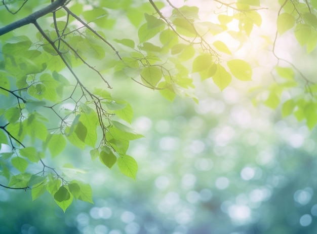 Um close-up de um galho de árvore com folhas verdes à luz solar