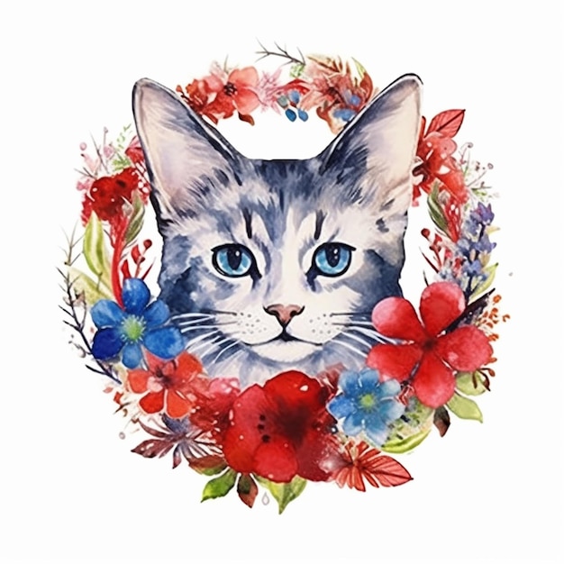 Um close-up de um gato com olhos azuis cercado por flores generativas ai