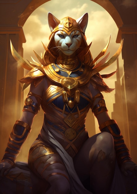 Um close-up de um gato com uma armadura de ouro sentado em uma rocha generativa ai