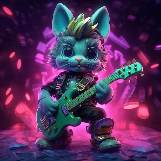 um close-up de um gato com uma guitarra em um fundo roxo generativo ai