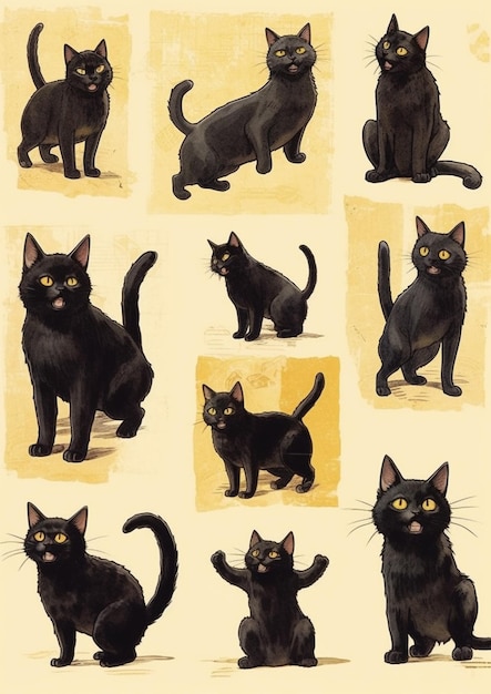 Um close-up de um gato preto com diferentes poses e olhos generativos ai