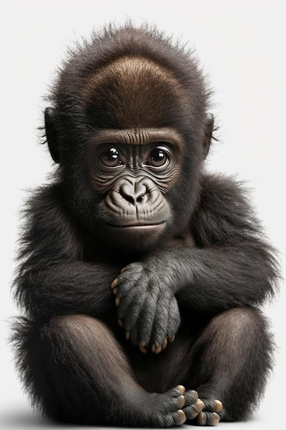 um close-up de um gorila sentado em uma superfície branca generativa ai