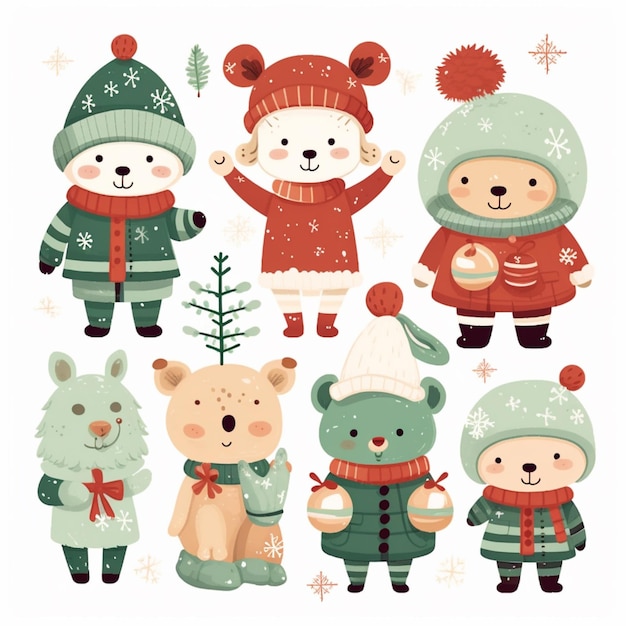 Um close-up de um grupo de animais diferentes vestindo roupas de inverno