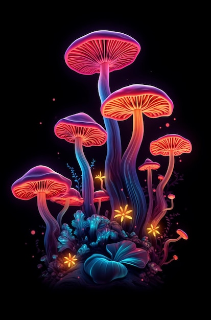 um close-up de um grupo de cogumelos em um fundo preto generativo ai