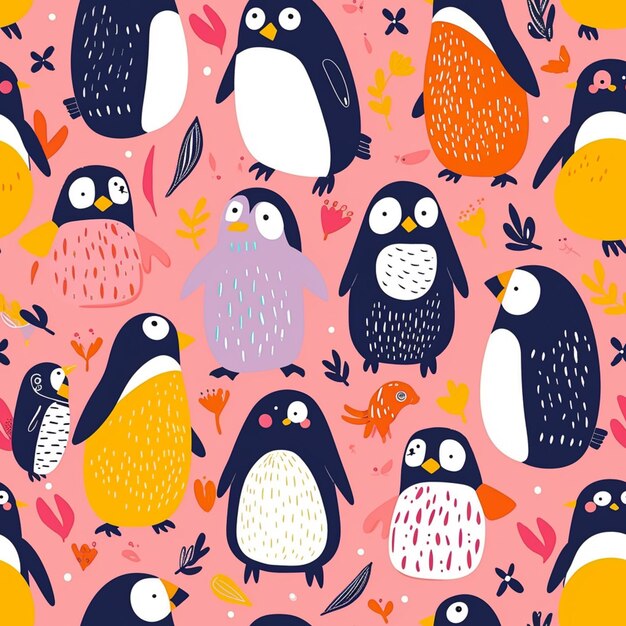 um close-up de um grupo de pinguins em um fundo rosa generativo ai