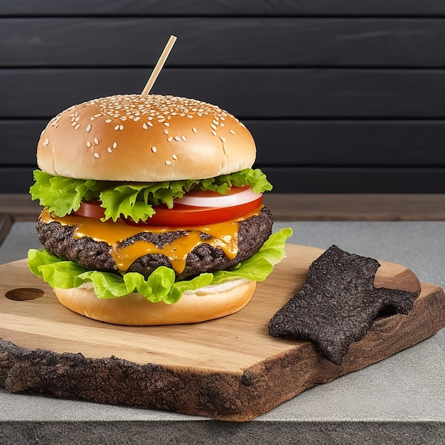 Um close-up de um hambúrguer em um estande com uma vista frontal