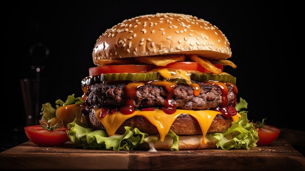 Um close-up de um hambúrguer.