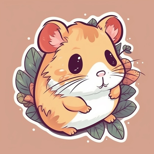 Foto um close-up de um hamster de desenho animado com folhas em um fundo rosa generativo ai