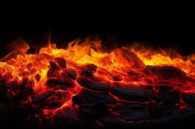 um close-up de um incêndio com chamas e um fundo preto