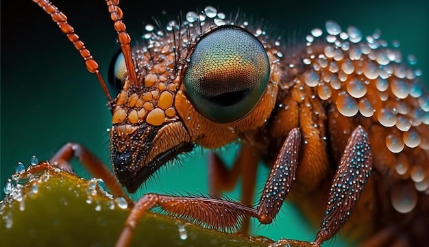 Um close-up de um inseto com gotas de água em seus olhos