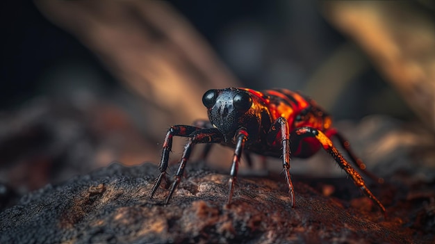 Um close-up de um inseto com pernas vermelhas e laranja